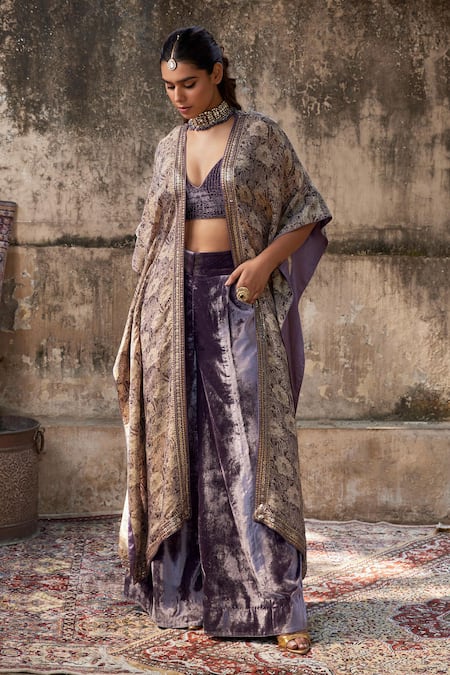 Shalkii Brown Silk Sequins V-neck Floral Bloom Print Cape And Flared Pant Set Online at Aza Fashions Shalkii_Brown Silk Sequins V-neck Floral Bloom Print Cape And Flared Pant Set _Online_at_Aza_Fashions