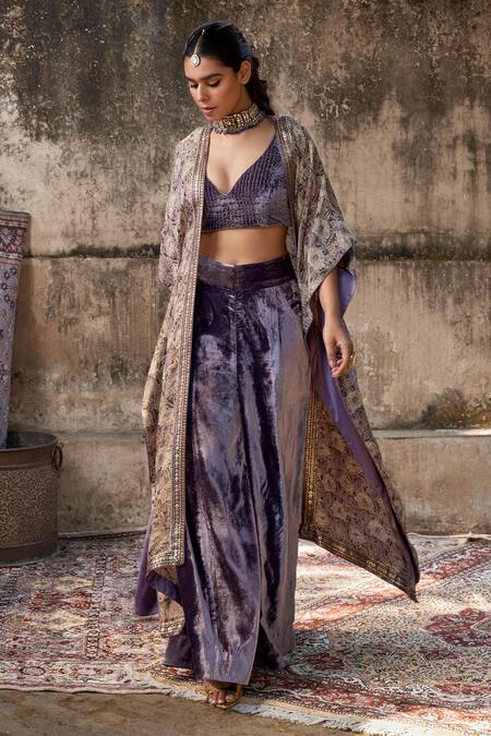 Buy Shalkii Brown Silk Sequins V-neck Floral Bloom Print Cape And Flared Pant Set Online at Aza Fashions Buy_Shalkii_Brown Silk Sequins V-neck Floral Bloom Print Cape And Flared Pant Set _Online_at_Aza_Fashions