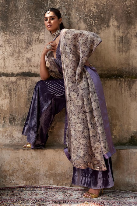 Shop Shalkii Brown Silk Sequins V-neck Floral Bloom Print Cape And Flared Pant Set Online at Aza Fashions Shop_Shalkii_Brown Silk Sequins V-neck Floral Bloom Print Cape And Flared Pant Set _Online_at_Aza_Fashions