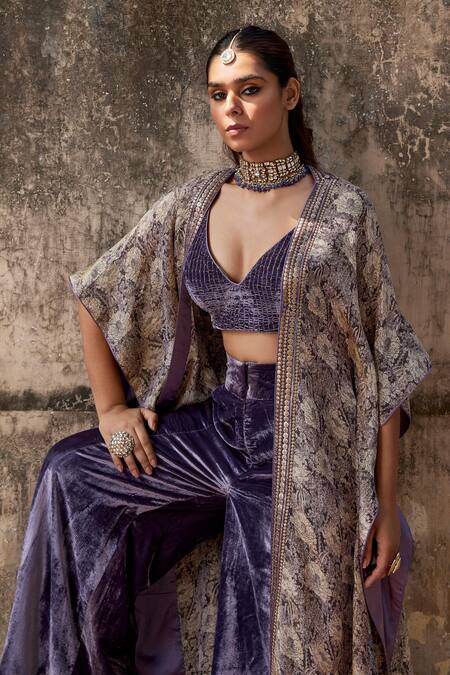 Shalkii Brown Silk Sequins V-neck Floral Bloom Print Cape And Flared Pant Set at Aza Fashions Shalkii_Brown Silk Sequins V-neck Floral Bloom Print Cape And Flared Pant Set _at_Aza_Fashions