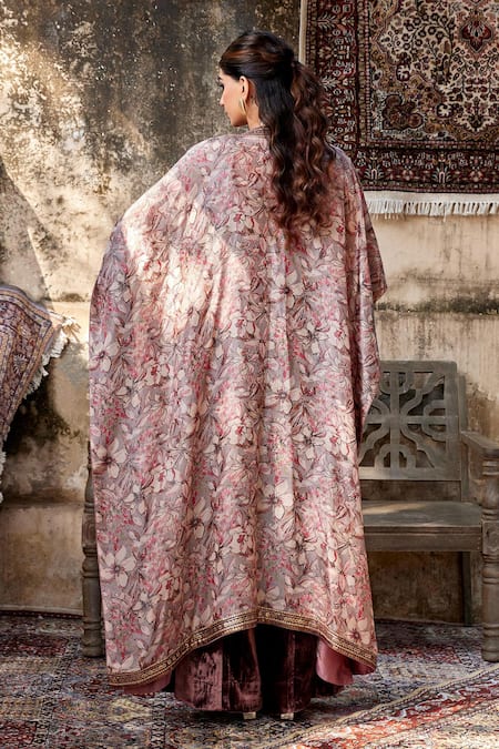 Shop Shalkii Maroon Silk, Velvet Embroidery Scoop Neck Floral Blossom Cape And Flared Pant Set at Aza Fashions Shop_Shalkii_Maroon Silk, Velvet Embroidery Scoop Neck Floral Blossom Cape And Flared Pant Set _at_Aza_Fashions