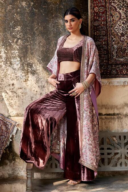 Shalkii Maroon Silk, Velvet Embroidery Scoop Neck Floral Blossom Cape And Flared Pant Set Online at Aza Fashions Shalkii_Maroon Silk, Velvet Embroidery Scoop Neck Floral Blossom Cape And Flared Pant Set _Online_at_Aza_Fashions