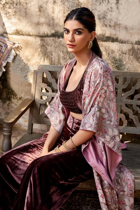 Buy Shalkii Maroon Silk, Velvet Embroidery Scoop Neck Floral Blossom Cape And Flared Pant Set Online at Aza Fashions Buy_Shalkii_Maroon Silk, Velvet Embroidery Scoop Neck Floral Blossom Cape And Flared Pant Set _Online_at_Aza_Fashions