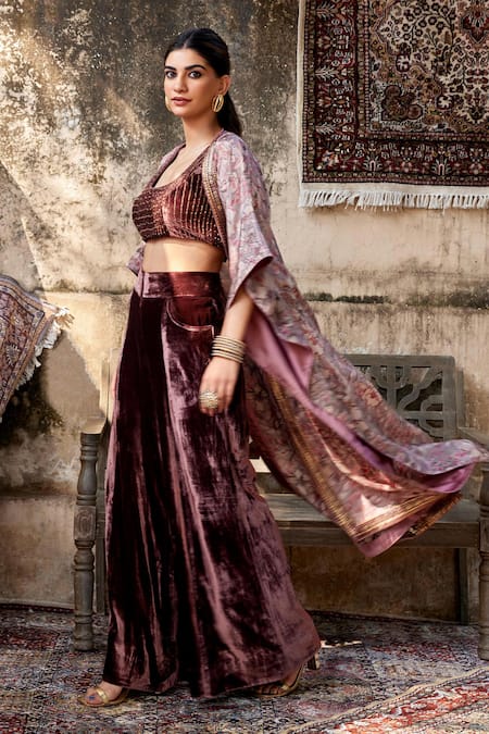 Shop Shalkii Maroon Silk, Velvet Embroidery Scoop Neck Floral Blossom Cape And Flared Pant Set Online at Aza Fashions Shop_Shalkii_Maroon Silk, Velvet Embroidery Scoop Neck Floral Blossom Cape And Flared Pant Set _Online_at_Aza_Fashions