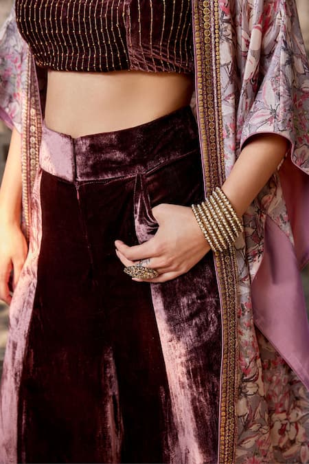 Shalkii Maroon Silk, Velvet Embroidery Scoop Neck Floral Blossom Cape And Flared Pant Set at Aza Fashions Shalkii_Maroon Silk, Velvet Embroidery Scoop Neck Floral Blossom Cape And Flared Pant Set _at_Aza_Fashions