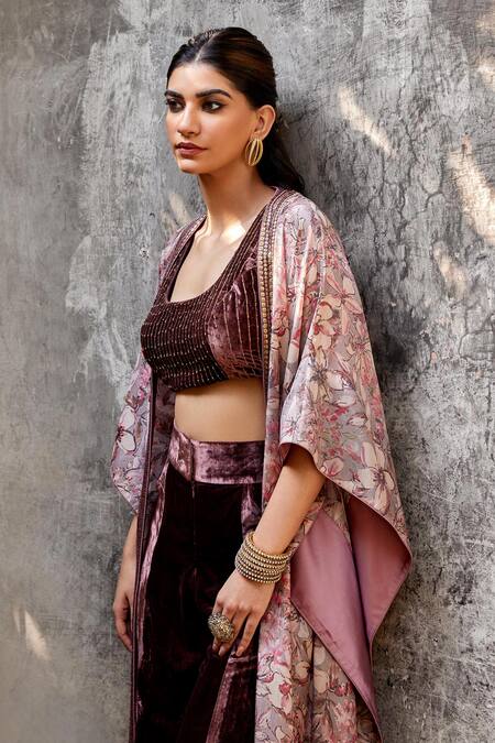 Buy Shalkii Maroon Silk, Velvet Embroidery Scoop Neck Floral Blossom Cape And Flared Pant Set Buy_Shalkii_Maroon Silk, Velvet Embroidery Scoop Neck Floral Blossom Cape And Flared Pant Set