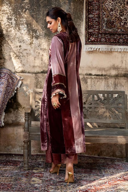 Shop Shalkii Maroon Silk, Velvet Sequins V-neck Cowrie Shell And Anarkali Set at Aza Fashions Shop_Shalkii_Maroon Silk, Velvet Sequins V-neck Cowrie Shell And Anarkali Set _at_Aza_Fashions