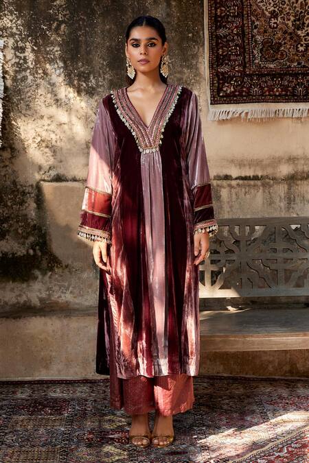 Shalkii Maroon Silk, Velvet Sequins V-neck Cowrie Shell And Anarkali Set Online at Aza Fashions Shalkii_Maroon Silk, Velvet Sequins V-neck Cowrie Shell And Anarkali Set _Online_at_Aza_Fashions