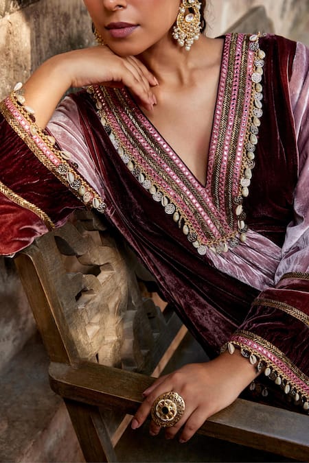 Buy Shalkii Maroon Silk, Velvet Sequins V-neck Cowrie Shell And Anarkali Set Online at Aza Fashions Buy_Shalkii_Maroon Silk, Velvet Sequins V-neck Cowrie Shell And Anarkali Set _Online_at_Aza_Fashions