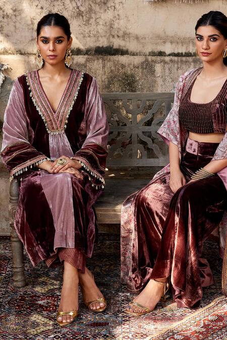 Shop Shalkii Maroon Silk, Velvet Sequins V-neck Cowrie Shell And Anarkali Set Online at Aza Fashions Shop_Shalkii_Maroon Silk, Velvet Sequins V-neck Cowrie Shell And Anarkali Set _Online_at_Aza_Fashions