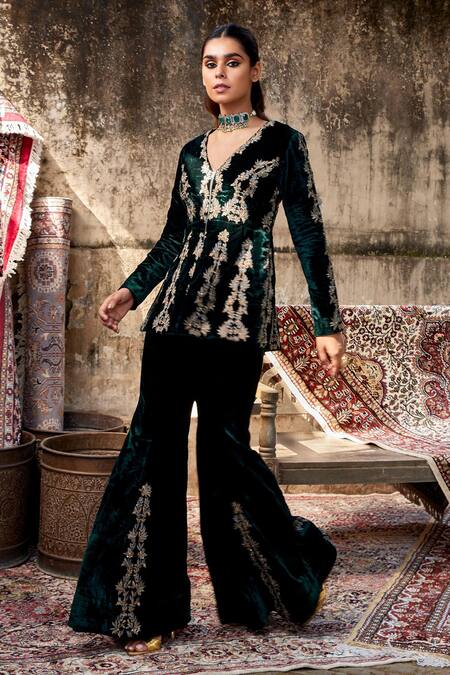 Shalkii_Green Silk, Velvet Embroidery V-neck Mughal Jacket And Sharara _Online_at_Aza_Fashions