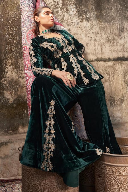 Buy_Shalkii_Green Silk, Velvet Embroidery V-neck Mughal Jacket And Sharara _Online_at_Aza_Fashions