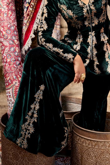 Shop_Shalkii_Green Silk, Velvet Embroidery V-neck Mughal Jacket And Sharara _Online_at_Aza_Fashions