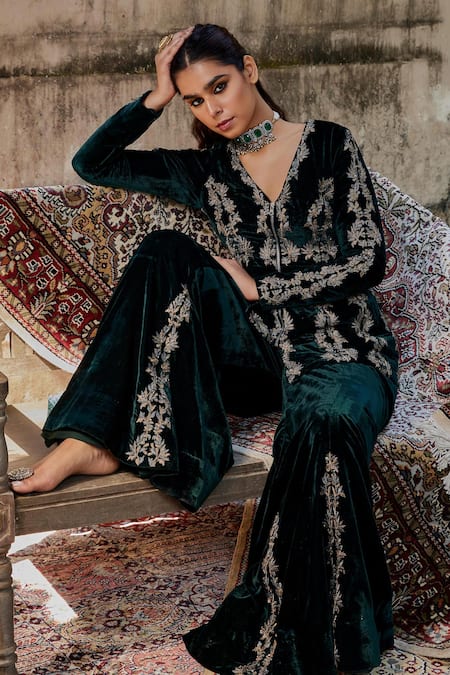 Shalkii_Green Silk, Velvet Embroidery V-neck Mughal Jacket And Sharara _at_Aza_Fashions
