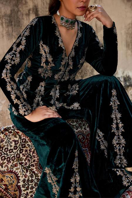 Buy_Shalkii_Green Silk, Velvet Embroidery V-neck Mughal Jacket And Sharara 