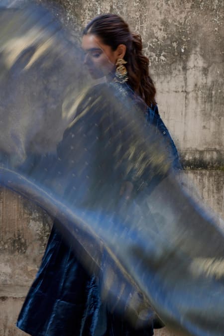 Buy_Shalkii_Blue Tissue, Silk Sequins, Embroidery Round Mughal Bloom Velvet Anarkali Set _Online_at_Aza_Fashions