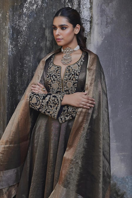 Shop Shalkii Black Silk, Tissue Embroidery Round Neck Mughal Blossom Anarkali Palazzo Set at Aza Fashions Shop_Shalkii_Black Silk, Tissue Embroidery Round Neck Mughal Blossom Anarkali Palazzo Set _at_Aza_Fashions