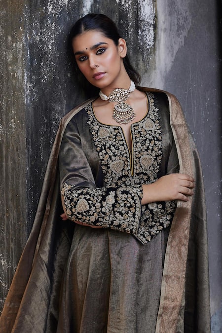 Shalkii Black Silk, Tissue Embroidery Round Neck Mughal Blossom Anarkali Palazzo Set Online at Aza Fashions Shalkii_Black Silk, Tissue Embroidery Round Neck Mughal Blossom Anarkali Palazzo Set _Online_at_Aza_Fashions