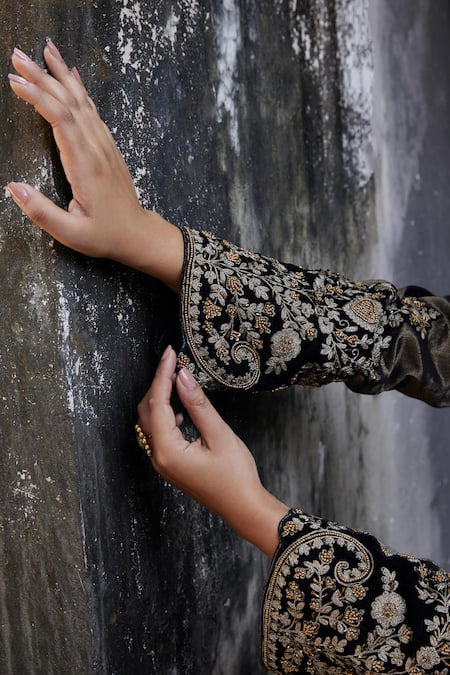 Buy Shalkii Black Silk, Tissue Embroidery Round Neck Mughal Blossom Anarkali Palazzo Set Online at Aza Fashions Buy_Shalkii_Black Silk, Tissue Embroidery Round Neck Mughal Blossom Anarkali Palazzo Set _Online_at_Aza_Fashions