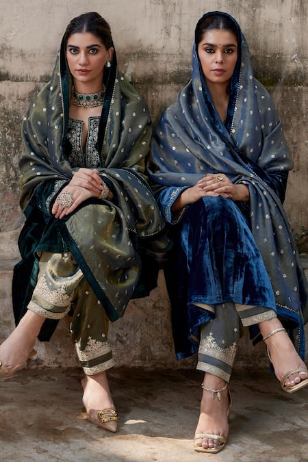 Shalkii_Green Tissue, Silk, Velvet Embroidery Round Neck Crest Bloom Anarkali Set _Online_at_Aza_Fashions