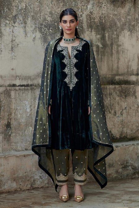 Shop_Shalkii_Green Tissue, Silk, Velvet Embroidery Round Neck Crest Bloom Anarkali Set _Online_at_Aza_Fashions