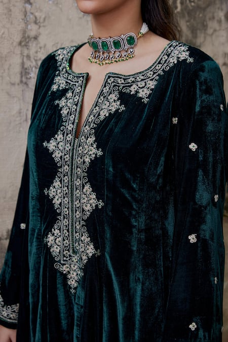 Shalkii_Green Tissue, Silk, Velvet Embroidery Round Neck Crest Bloom Anarkali Set _at_Aza_Fashions