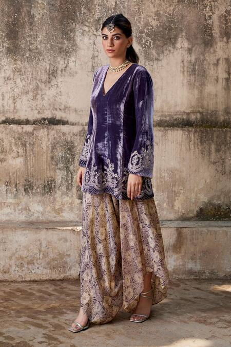 Shalkii_Purple Tissue, Silk Embroidery V-neck Crest Blossom Anarkali Set _Online_at_Aza_Fashions