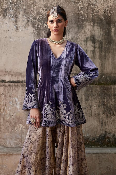 Shop_Shalkii_Purple Tissue, Silk Embroidery V-neck Crest Blossom Anarkali Set _Online_at_Aza_Fashions