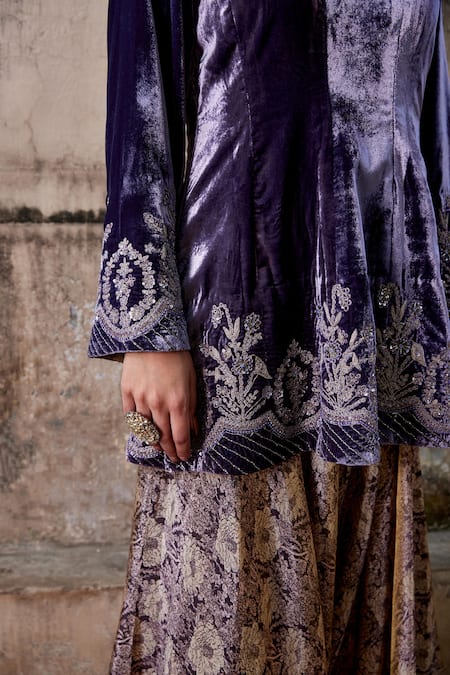 Shalkii_Purple Tissue, Silk Embroidery V-neck Crest Blossom Anarkali Set _at_Aza_Fashions