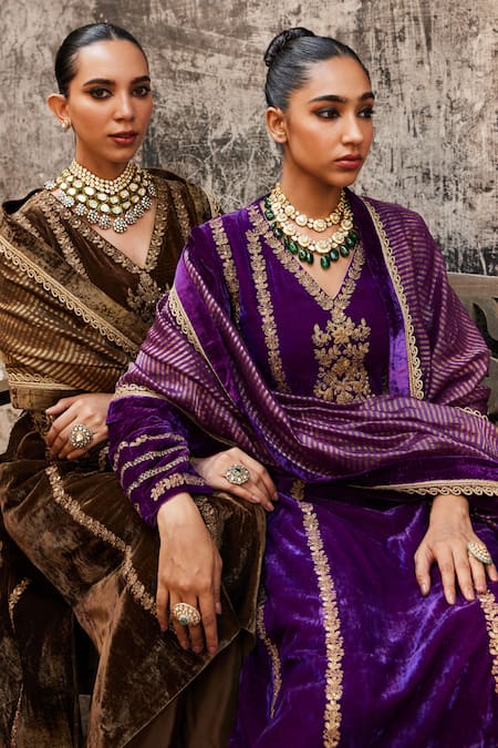 Shalkii_Purple Silk, Velvet Sequins, Cut Work, Zari V-neck Embroidered Anarkali Set _Online_at_Aza_Fashions