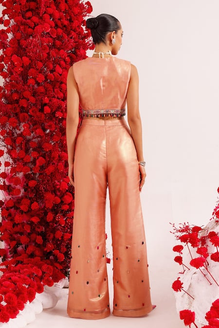 Shop Label Moni K Peach Organza Stones, Embroidery, Embellished Crop Top And Bell Bottom Pant Set at Aza Fashions Shop_Label Moni K_Peach Organza Stones, Embroidery, Embellished Crop Top And Bell Bottom Pant Set _at_Aza_Fashions