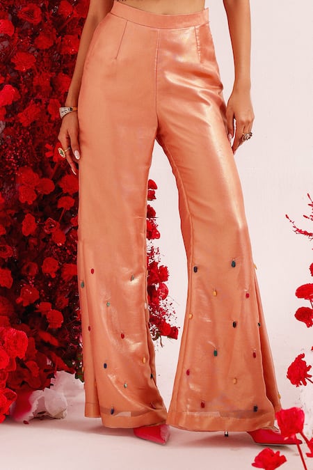 Label Moni K Peach Organza Stones, Embroidery, Embellished Crop Top And Bell Bottom Pant Set Online at Aza Fashions Label Moni K_Peach Organza Stones, Embroidery, Embellished Crop Top And Bell Bottom Pant Set _Online_at_Aza_Fashions