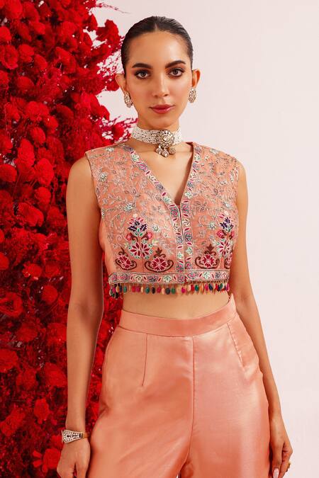 Shop Label Moni K Peach Organza Stones, Embroidery, Embellished Crop Top And Bell Bottom Pant Set Online at Aza Fashions Shop_Label Moni K_Peach Organza Stones, Embroidery, Embellished Crop Top And Bell Bottom Pant Set _Online_at_Aza_Fashions