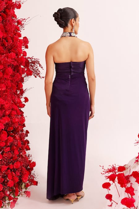 Shop Label Moni K Wine Silk, Lycra Mirrors, Sequins, Beads, Embroidery Blouse And Draped Skirt at Aza Fashions Shop_Label Moni K_Wine Silk, Lycra Mirrors, Sequins, Beads, Embroidery Blouse And Draped Skirt _at_Aza_Fashions