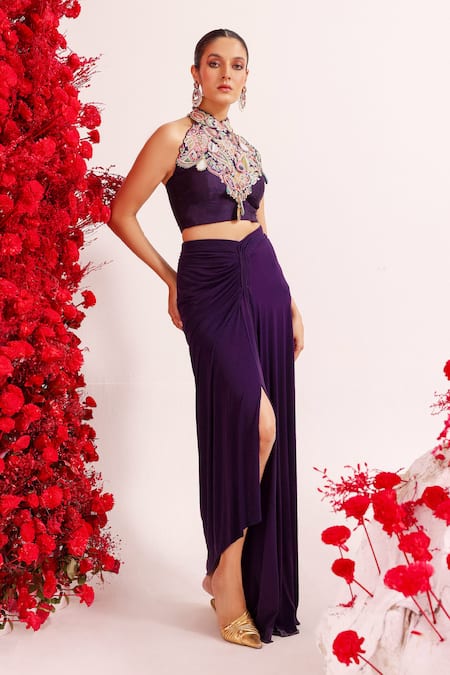 Label Moni K Wine Silk, Lycra Mirrors, Sequins, Beads, Embroidery Blouse And Draped Skirt Online at Aza Fashions Label Moni K_Wine Silk, Lycra Mirrors, Sequins, Beads, Embroidery Blouse And Draped Skirt _Online_at_Aza_Fashions