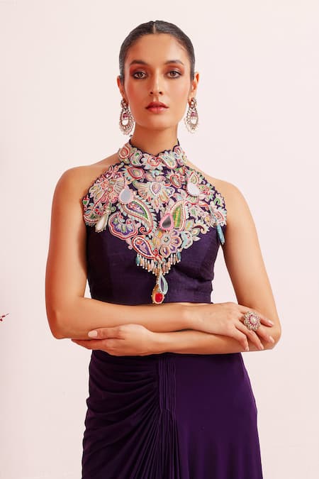 Buy Label Moni K Wine Silk, Lycra Mirrors, Sequins, Beads, Embroidery Blouse And Draped Skirt Online at Aza Fashions Buy_Label Moni K_Wine Silk, Lycra Mirrors, Sequins, Beads, Embroidery Blouse And Draped Skirt _Online_at_Aza_Fashions