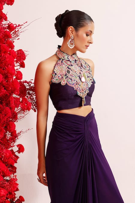 Shop Label Moni K Wine Silk, Lycra Mirrors, Sequins, Beads, Embroidery Blouse And Draped Skirt Online at Aza Fashions Shop_Label Moni K_Wine Silk, Lycra Mirrors, Sequins, Beads, Embroidery Blouse And Draped Skirt _Online_at_Aza_Fashions