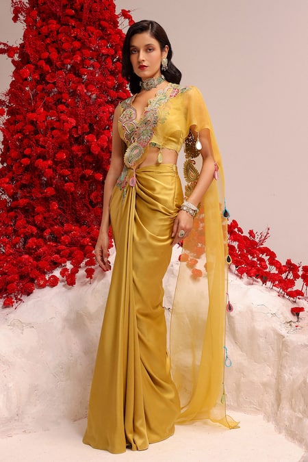 Buy Label Moni K Yellow Satin, Organza Pearls, Mirrors, Embroidery Paisley Pre-draped Saree Set Online at Aza Fashions Buy_Label Moni K_Yellow Satin, Organza Pearls, Mirrors, Embroidery Paisley Pre-draped Saree Set _Online_at_Aza_Fashions