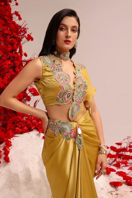 Shop Label Moni K Yellow Satin, Organza Pearls, Mirrors, Embroidery Paisley Pre-draped Saree Set Online at Aza Fashions Shop_Label Moni K_Yellow Satin, Organza Pearls, Mirrors, Embroidery Paisley Pre-draped Saree Set _Online_at_Aza_Fashions