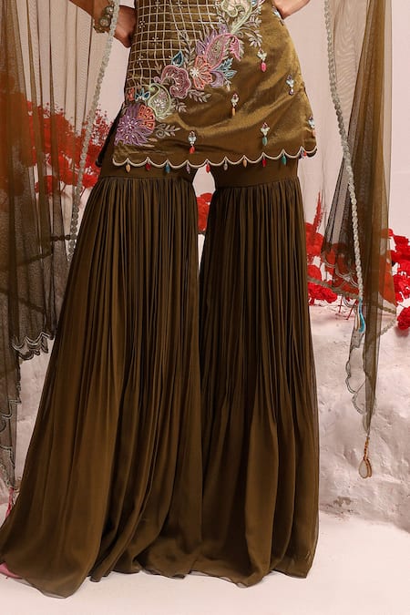 Label Moni K Green Tissue, Georgette, Net Gota Patti, Resham Embellished Kurta Sharara Set Online at Aza Fashions Label Moni K_Green Tissue, Georgette, Net Gota Patti, Resham Embellished Kurta Sharara Set _Online_at_Aza_Fashions