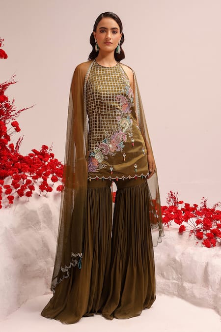 Shop Label Moni K Green Tissue, Georgette, Net Gota Patti, Resham Embellished Kurta Sharara Set Online at Aza Fashions Shop_Label Moni K_Green Tissue, Georgette, Net Gota Patti, Resham Embellished Kurta Sharara Set _Online_at_Aza_Fashions