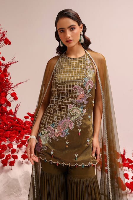 Label Moni K Green Tissue, Georgette, Net Gota Patti, Resham Embellished Kurta Sharara Set at Aza Fashions Label Moni K_Green Tissue, Georgette, Net Gota Patti, Resham Embellished Kurta Sharara Set _at_Aza_Fashions