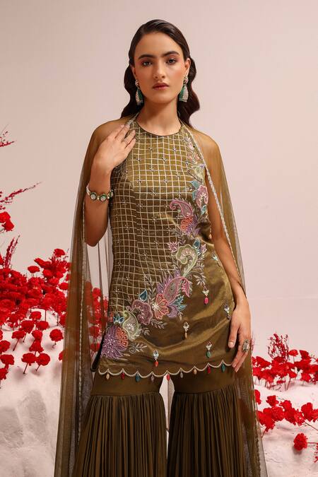 Buy Label Moni K Green Tissue, Georgette, Net Gota Patti, Resham Embellished Kurta Sharara Set Buy_Label Moni K_Green Tissue, Georgette, Net Gota Patti, Resham Embellished Kurta Sharara Set