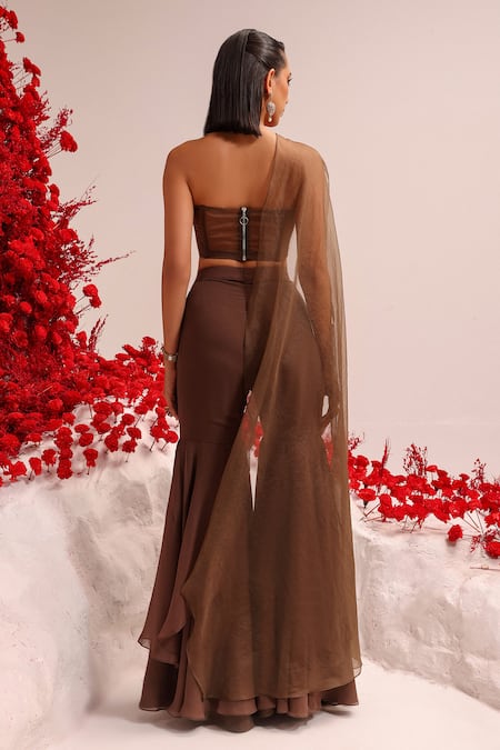 Shop Label Moni K Brown Georgette, Organza Sequins Sweetheart Embellished Tube Top And Sharara Set at Aza Fashions Shop_Label Moni K_Brown Georgette, Organza Sequins Sweetheart Embellished Tube Top And Sharara Set_at_Aza_Fashions