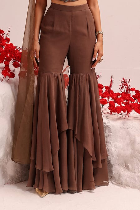 Label Moni K Brown Georgette, Organza Sequins Sweetheart Embellished Tube Top And Sharara Set Online at Aza Fashions Label Moni K_Brown Georgette, Organza Sequins Sweetheart Embellished Tube Top And Sharara Set_Online_at_Aza_Fashions