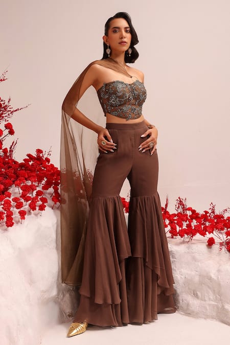 Buy Label Moni K Brown Georgette, Organza Sequins Sweetheart Embellished Tube Top And Sharara Set Online at Aza Fashions Buy_Label Moni K_Brown Georgette, Organza Sequins Sweetheart Embellished Tube Top And Sharara Set_Online_at_Aza_Fashions
