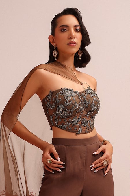 Shop Label Moni K Brown Georgette, Organza Sequins Sweetheart Embellished Tube Top And Sharara Set Online at Aza Fashions Shop_Label Moni K_Brown Georgette, Organza Sequins Sweetheart Embellished Tube Top And Sharara Set_Online_at_Aza_Fashions