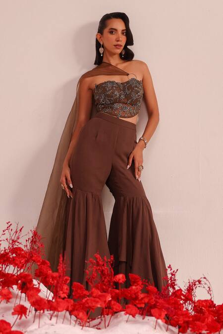 Label Moni K Brown Georgette, Organza Sequins Sweetheart Embellished Tube Top And Sharara Set at Aza Fashions Label Moni K_Brown Georgette, Organza Sequins Sweetheart Embellished Tube Top And Sharara Set_at_Aza_Fashions