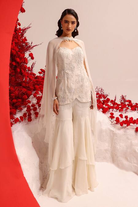 Buy Label Moni K Ivory Organza, Georgette Beads, Sequins Sweetheart Embellished Kurta Sharara Set Online at Aza Fashions Buy_Label Moni K_Ivory Organza, Georgette Beads, Sequins Sweetheart Embellished Kurta Sharara Set _Online_at_Aza_Fashions