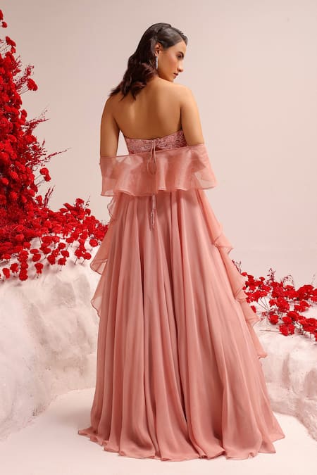 Shop Label Moni K Pink Georgette, Organza Diamonds, Sequins Dori Embroidered Blush Anarkali Set at Aza Fashions Shop_Label Moni K_Pink Georgette, Organza Diamonds, Sequins Dori Embroidered Blush Anarkali Set _at_Aza_Fashions